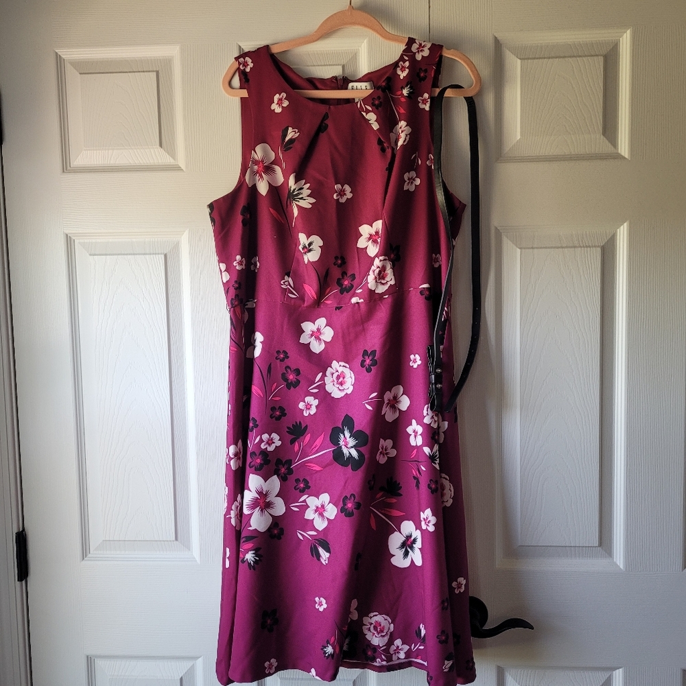 Elle Pink floral dress knee length with belt